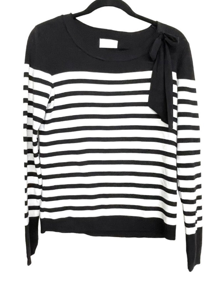 2/$10 Avec Les Filles Striped Black & White Sweater Bow Shoulder Size Medium